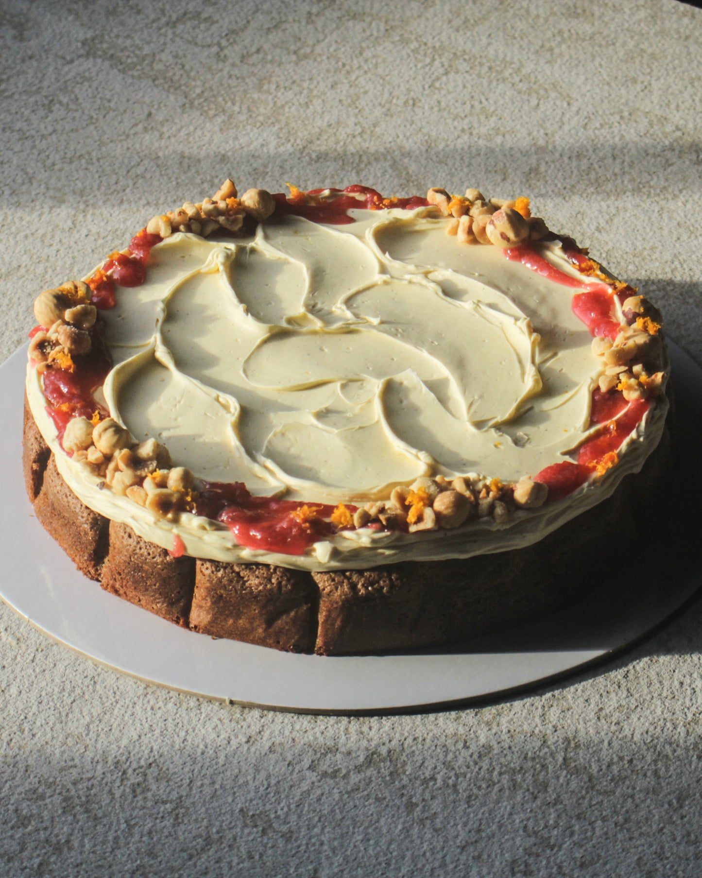 Rhubarb, Ginger, Hazelnut + Burnt Meringue Cake (GF)